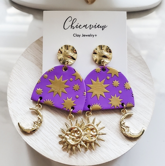 Handmade Polymer Clay Earrings - Purple Celestial Star Earrings - Picture 1 of 1